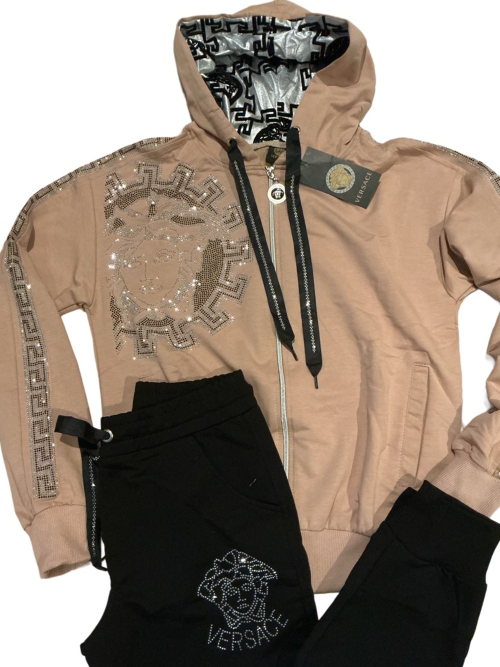 NEW VERSACE 2PC SET ZIP HOODIE & JOGGERS. RHINESTONES BEAUTIFUL SHIPS TODAY